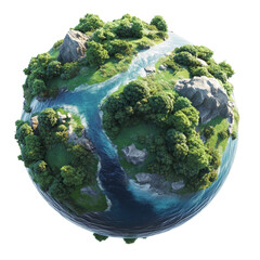 Poster - A digital rendering depicts a miniature planet with a lush green landscape, a winding river, and rocky outcrops.