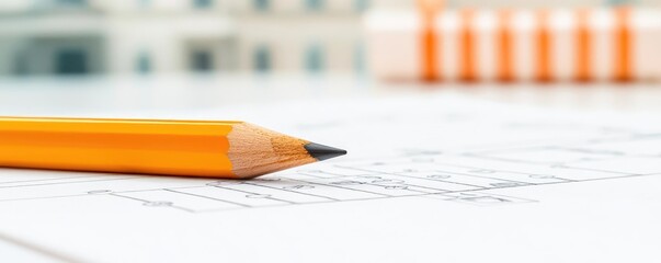 Poster - Engineer project concept. Close-up of a yellow pencil on architectural blueprints for professional planning.