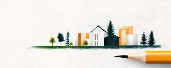 Poster - Engineer sketching idea. A vibrant illustration of modern buildings with nature surrounding them.