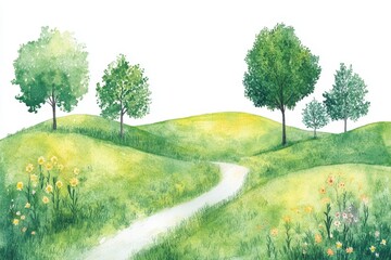 Wall Mural - watercolor painting of a winding path through rolling green hills and wildflowers.