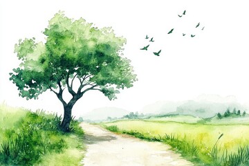 Wall Mural - watercolor painting of a tree, birds, and a path in a field.