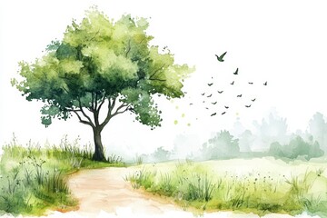 Wall Mural - watercolor painting of a tree, path, birds, and field.