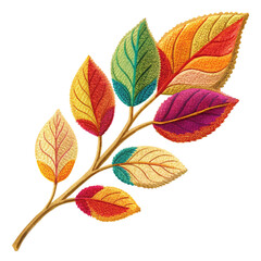 Embroidered Autumn leaves, botanical illustration, vibrant fall colors, watercolor painting, detailed leaf veins, red and yellow foliage, tree branch
