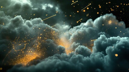 Wall Mural - Golden Network in Dark Clouds: A Digital Dreamscape