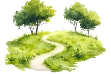 Wall Mural - winding path through a grassy hill with two trees.