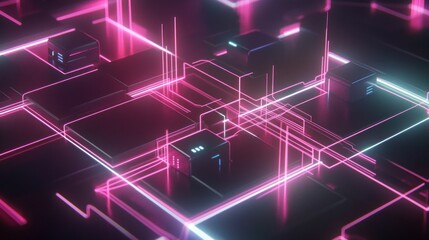 Poster - Abstract Neon Circuitry: Pink and White Glowing Lines Across Dark Cubes