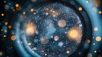 Poster - Dust pollution idea. Abstract view through a lens highlighting dazzling bokeh and star-like patterns.