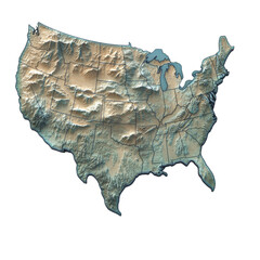 Poster - A three dimensional topographical map of the United States displays the countrys diverse terrain.