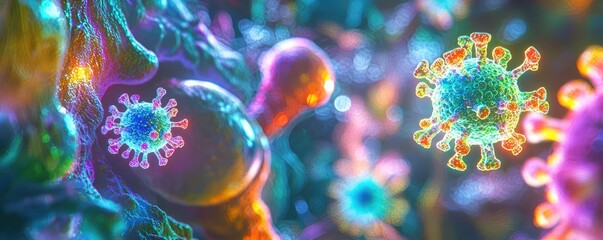Aufkleber - Dust pollution idea. Colorful digital illustration of microscopic viruses in a vibrant environment.