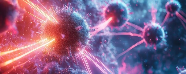Poster - Dust pollution idea. Colorful microscopic view of viruses with energetic beams, showcasing intricate details.