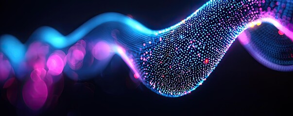 Poster - Dust pollution concept. Abstract wave of colorful particles flows in a digital ocean, representing technology.