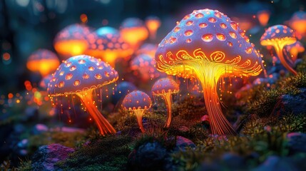 Poster - Dust pollution concept. Vibrant glowing mushrooms illuminating the dark forest floor with enchanting colors.
