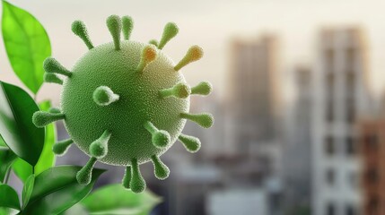 Poster - Dust pollution concept. A vibrant representation of a virus with a cityscape background and green leaves.