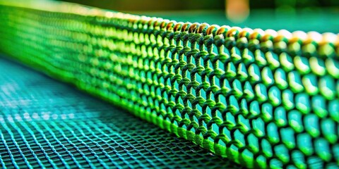 Macro detail:  A tennis table net's green felt, its textured weave a testament to table tennis equipment.