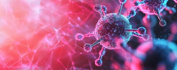 Poster - Dust pollution idea. Close-up of vibrant, colorful virus particles in a digital representation.