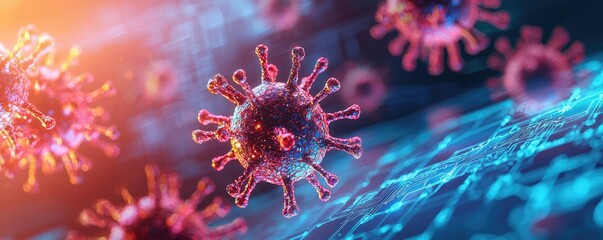 Poster - Dust pollution idea. Detailed visualization of viruses with vibrant colors and intricate structures.