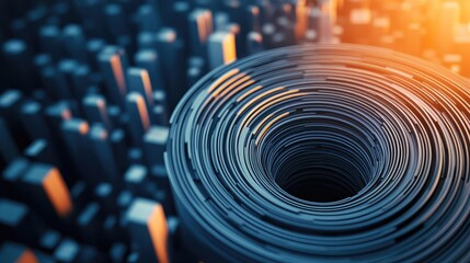 Poster - Dust pollution concept. Close-up of circular steel rolls with industrial urban background and glowing edges.