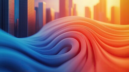 Poster - Dust pollution concept. Abstract wave patterns with vibrant colors and a city skyline background.