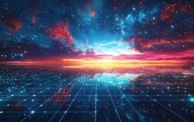 Poster - Digital Landscape of Cosmic Sunset Over a Grid Network, Featuring Glowing Stars and Nebulae.