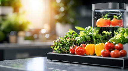 Poster - Fresh vegetables and fruits displayed in modern kitchen setting, showcasing vibrant colors and healthy options. sunlight enhances freshness and appeal of produce