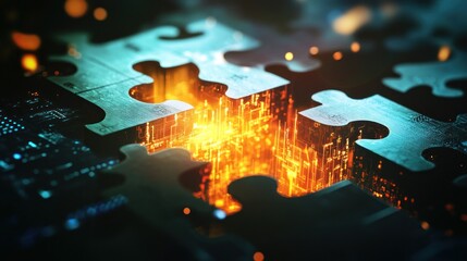 Poster - Interconnected Puzzle Pieces Revealing Glowing Circuitry