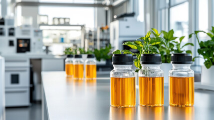 Aufkleber - biotechnology lab featuring glass containers with orange liquid, surrounded by green plants. modern workspace is bright and organized, showcasing scientific research