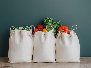 Wall Mural - Three reusable bags filled with fresh vegetables and fruits against a green wall, promoting sustainable shopping and healthy eating.