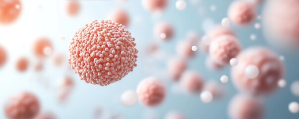 Poster - Dust pollution concept. Microscopic view of pink cells floating in a blue background, showcasing cellular structure.