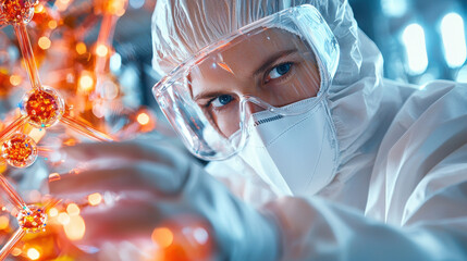 Aufkleber - biotech engineer in protective gear examines molecular structures with focus and precision, showcasing dedication to scientific innovation and research