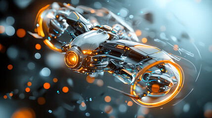 Poster - Futuristic hovercraft action sci-fi setting digital artwork dynamic environment aerial view advanced technology concept