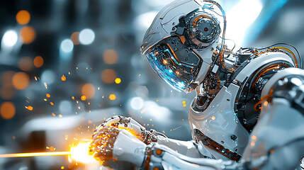 Poster - Robotic arm welding sparks innovation in modern technology workshop futuristic environment close-up perspective