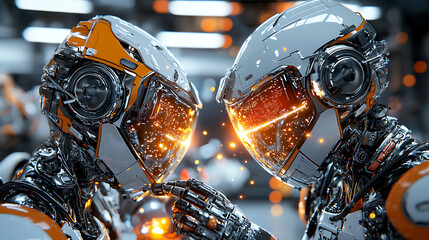 Poster - Robot interaction event futuristic setting digital art high-tech environment close-up view ai concept exploration