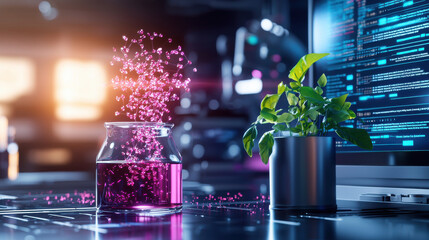 Poster - vibrant biotechnology lab scene featuring glass jar with pink liquid, floating particles, and green plant beside computer displaying data. atmosphere is dynamic and innovative