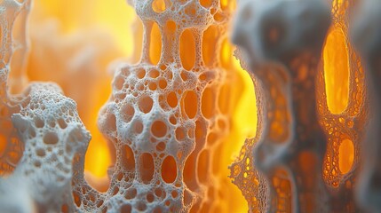Poster - Dust pollution idea. Close-up view of porous structure with warm colors and intricate details.