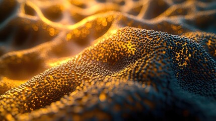 Poster - Dust pollution idea. Close-up of textured surface illuminated by warm, golden light, creating a dynamic effect.