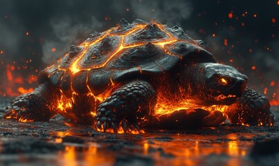 Canvas Print - Lava tortoise, fiery shell, volcanic landscape.