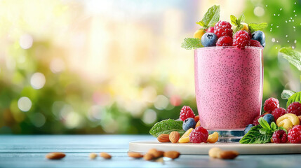 Poster - vibrant smoothie filled with fresh berries, nuts, and mint leaves, beautifully presented in glass. This refreshing drink is perfect for healthy breakfast or snack