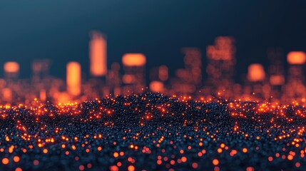 Poster - Dust pollution idea. A close-up of glowing particles resembling a vibrant city skyline at night.