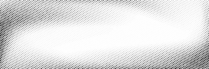 Poster - Grunge halftone gradient background. Faded dotted gritty noise texture. Black and white rasterized sand grain wallpaper. Retro pixelated bitmap backdrop. Vector aged anime or manga comic overlay