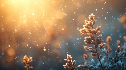 Poster - Dust pollution idea. A serene winter scene with frosty grass and golden sunlight filtering through snowflakes.