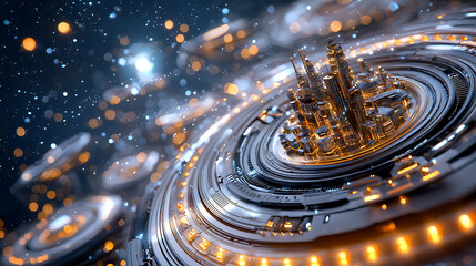 Poster - Futuristic cityscape cybernetic realm digital art virtual environment aerial perspective technology innovation