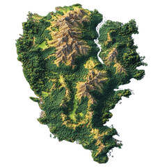 Poster - A digitally rendered image depicts a verdant island with a mountainous spine, dense forests and a winding river.