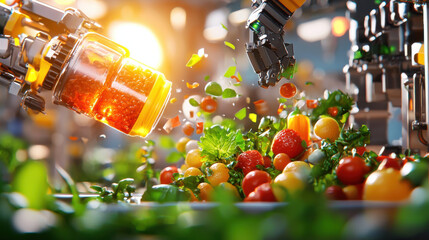 Aufkleber - cinematic illustration of futuristic food recycling system, showcasing robotic arms processing vibrant fruits and vegetables. scene captures innovation and sustainability in food technology