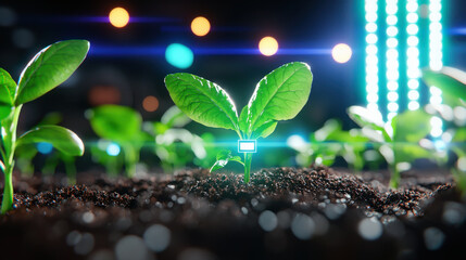 Aufkleber - vibrant green plant grows in rich soil, illuminated by colorful lights, showcasing sustainable farming environment enhanced by technology