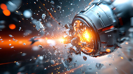 Poster - Explosive orbital collision event generates debris space digital illustration sci-fi atmosphere dynamic perspective