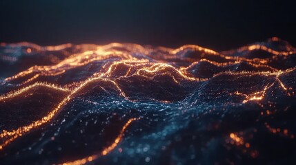 Poster - Abstract Glowing Landscape: Digital art of a mesmerizing, dark, glowing, and undulating landscape composed of millions of particles.
