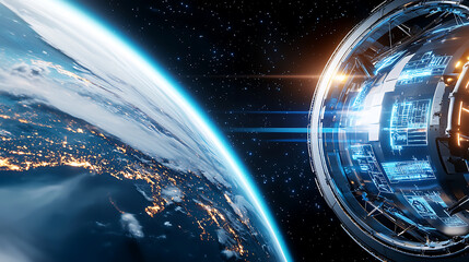 Poster - Exploration of earth from space futuristic spacecraft digital visualization cosmic environment aerial view science and technology