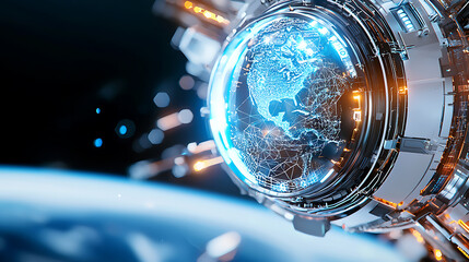 Poster - Exploring space technology earth visualization from satellite in orbit digital art futuristic environment high-tech perspective