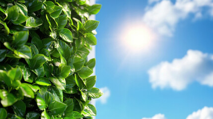 Poster - Lush green leaves against bright blue sky with sunlight shining through, creating vibrant and refreshing atmosphere