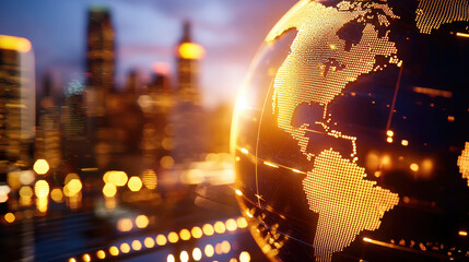 Poster - cinematic visualization of globe highlighting financial hubs, illuminated by city lights. vibrant colors and intricate details create dynamic atmosphere of global connectivity
